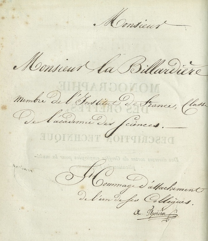 André Thouin signe de sa plume une dédicace à "Monsieur La Billardière"